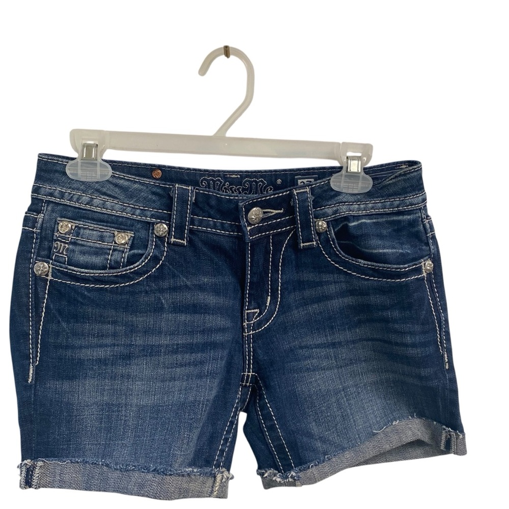 Miss Me Women's Blue Denim Embellished‎ Bermuda Shorts Uncuffable Hem Size 27